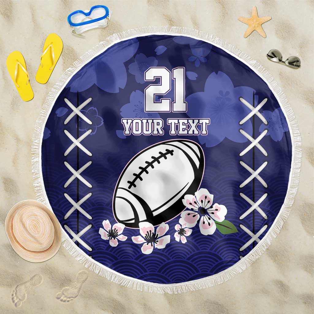 Round dark blue beach blanket with fringe, '21 YOUR TEXT' football and sakura print