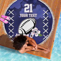Round dark blue beach blanket with fringe, '21 YOUR TEXT' football and cherry blossoms