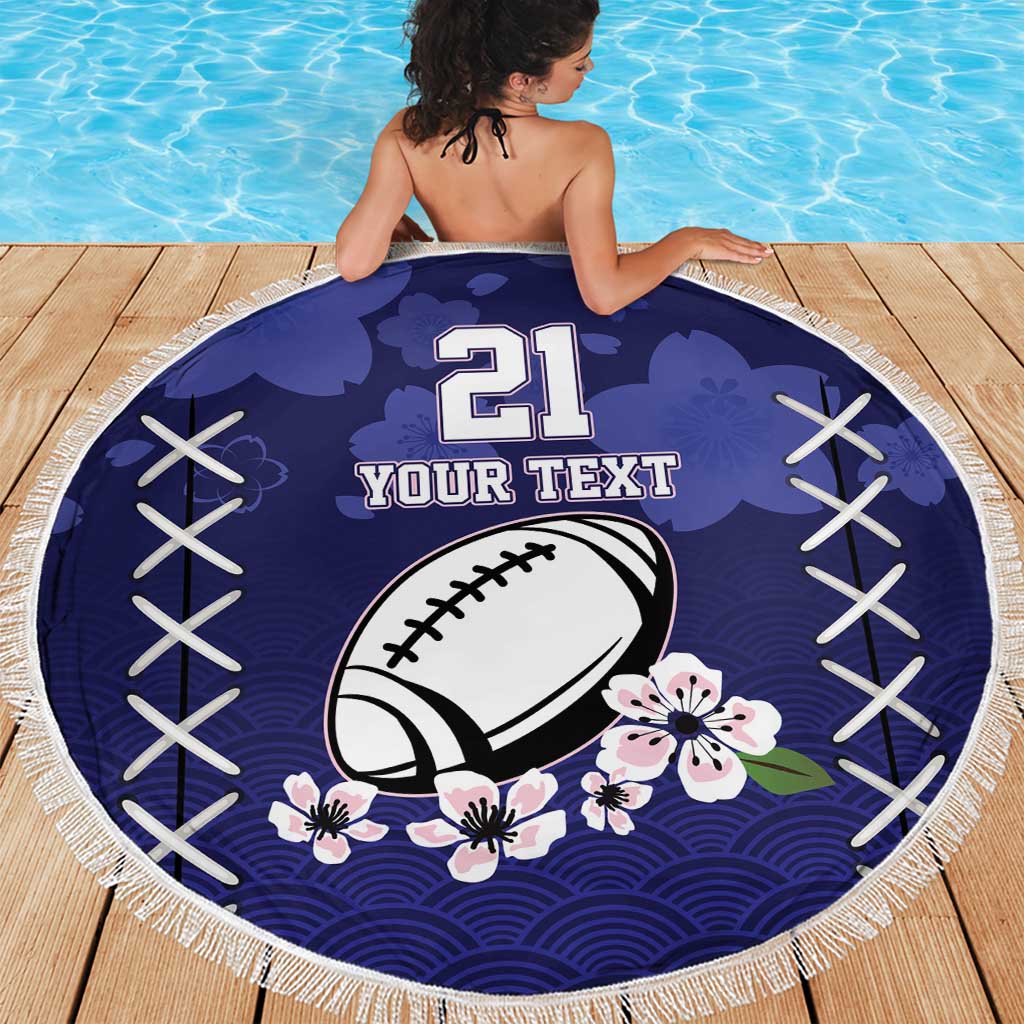 Round dark blue beach blanket with fringe, '21 YOUR TEXT' football and wave pattern