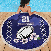 Round dark blue beach blanket with fringe, '21 YOUR TEXT' football and wave pattern