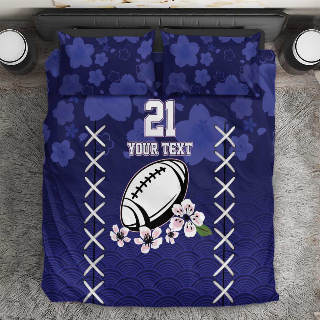 Blue duvet cover set: '21' football graphic, floral waves, with 2 matching pillowcases