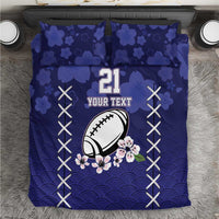 Blue duvet cover set: '21' football graphic, floral waves, with 2 matching pillowcases