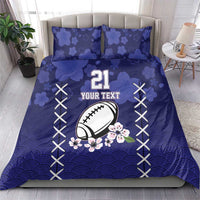 Blue duvet cover set with '21' football graphic, floral accents, cross-lace border, 2 pillowcases