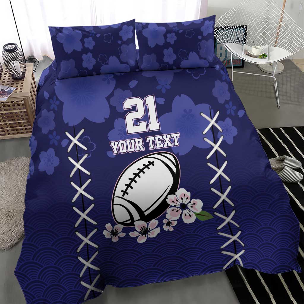 Blue duvet cover with '21' football graphic, floral wave pattern, and 2 pillowcases