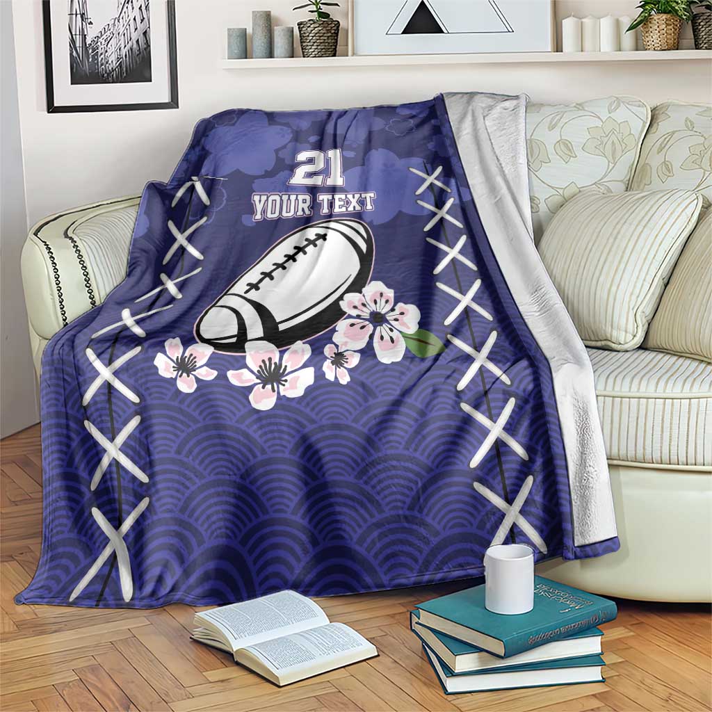 Blue rugby blanket with number 21, football graphic, white lace trim, floral accents