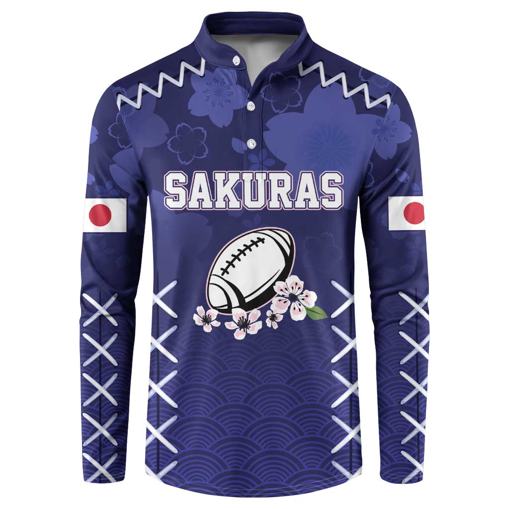 Navy rugby button sweatshirt, front 'SAKURAS' logo, rugby ball, waves, sleeve patterns