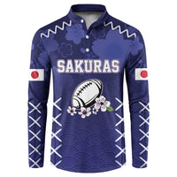 Navy rugby button sweatshirt, front 'SAKURAS' logo, rugby ball, waves, sleeve patterns