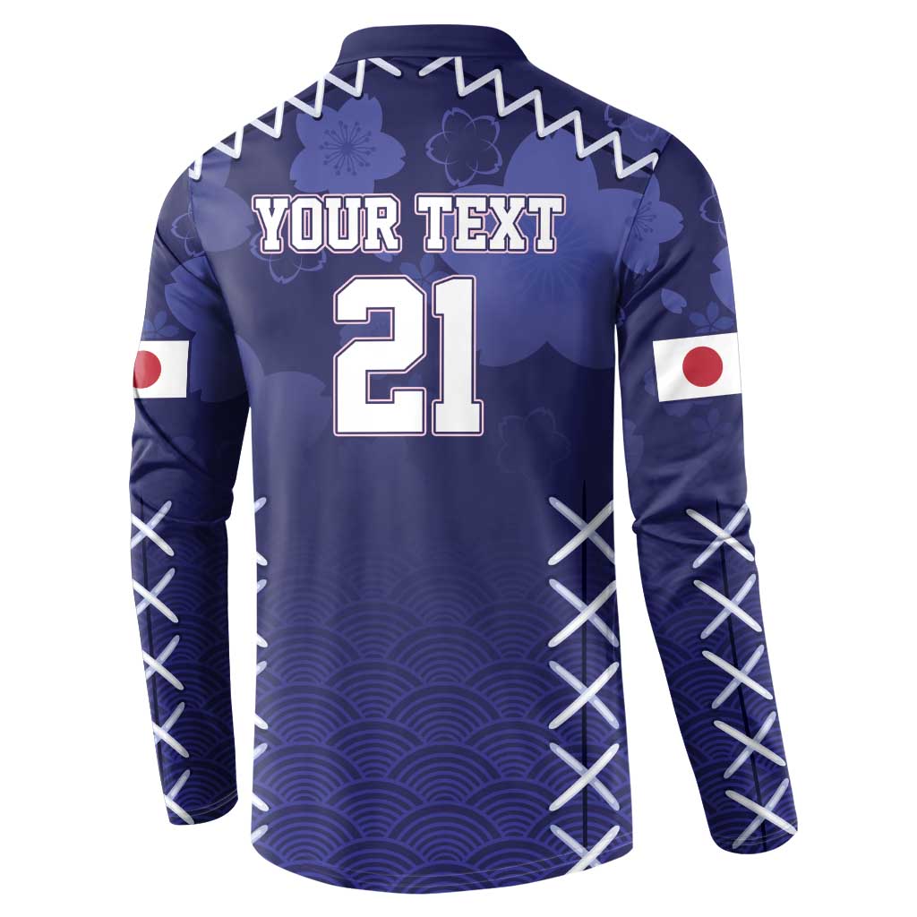 Navy rugby button sweatshirt, back view with 'YOUR TEXT' 21, wave design, stitched details