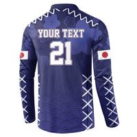 Navy rugby button sweatshirt, back view with 'YOUR TEXT' 21, wave design, stitched details