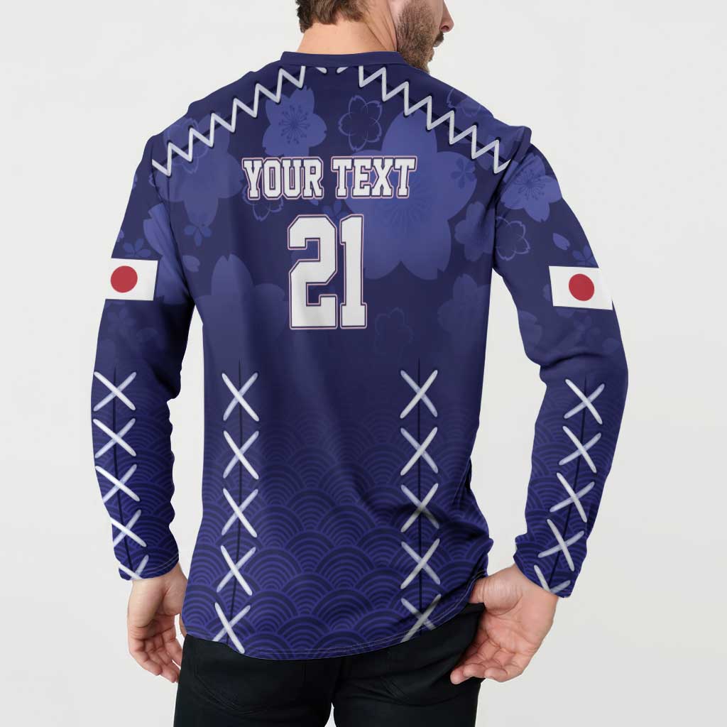 Navy rugby button sweatshirt, back print 'YOUR TEXT' with number 21, wave pattern