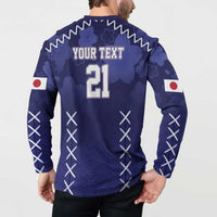 Navy rugby button sweatshirt, back print 'YOUR TEXT' with number 21, wave pattern
