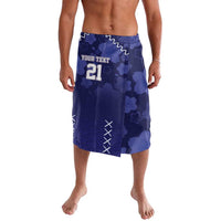 Blue custom rugby shorts with floral and wave pattern, printed 'YOUR TEXT' and 21
