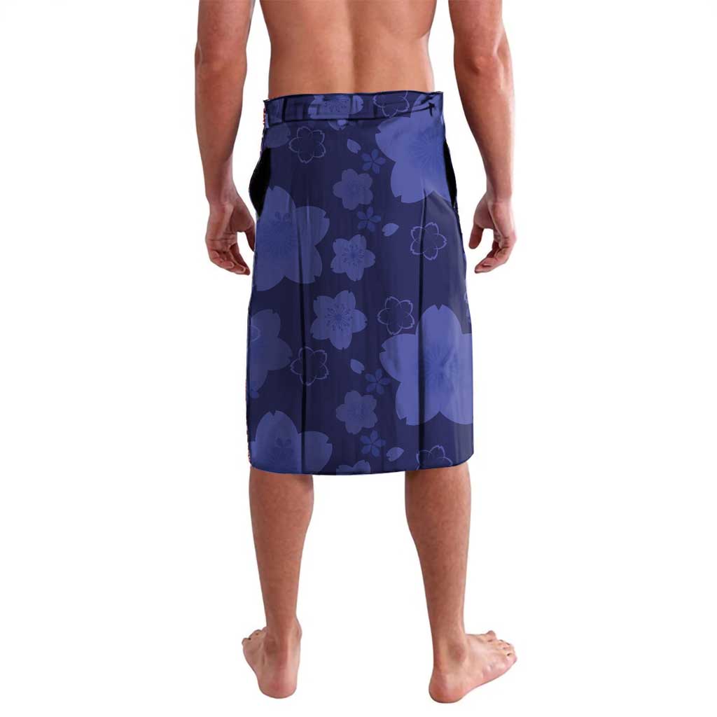 Blue custom rugby shorts, back view with floral and wave pattern