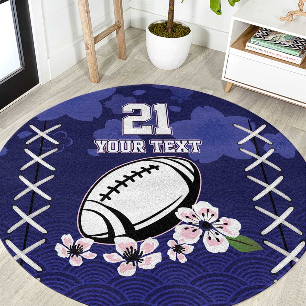 Navy-blue round area rug with “21 YOUR TEXT”, football graphic, flowers, and white crisscross lines
