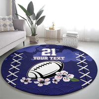 Blue round rugby area rug showing “21 YOUR TEXT” football, flowers, wave pattern, and crisscross details