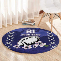 Blue round area rug with “21 YOUR TEXT” football and flowers, wave pattern edge and crisscross stitching