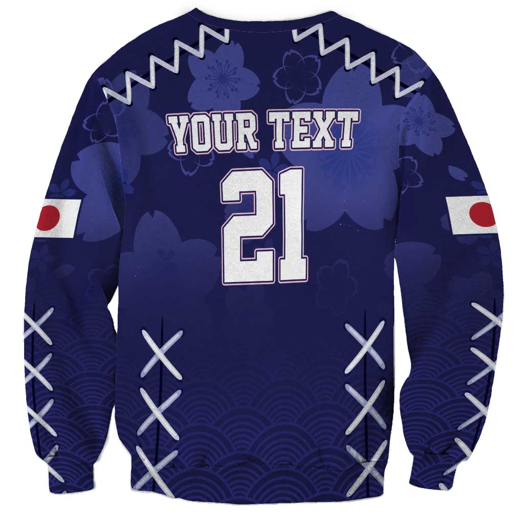 Blue crewneck rugby sweatshirt with YOUR TEXT 21 back graphic and wave pattern