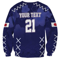 Blue crewneck rugby sweatshirt with YOUR TEXT 21 back graphic and wave pattern