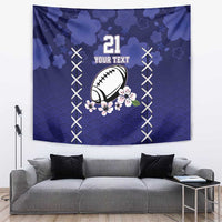 Blue tapestry wall hanging with rugby ball, sakura flowers, rising sun, and white rope design.