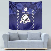 Blue tapestry wall hanging with rugby ball, sakura flowers, and YOUR TEXT center motif.