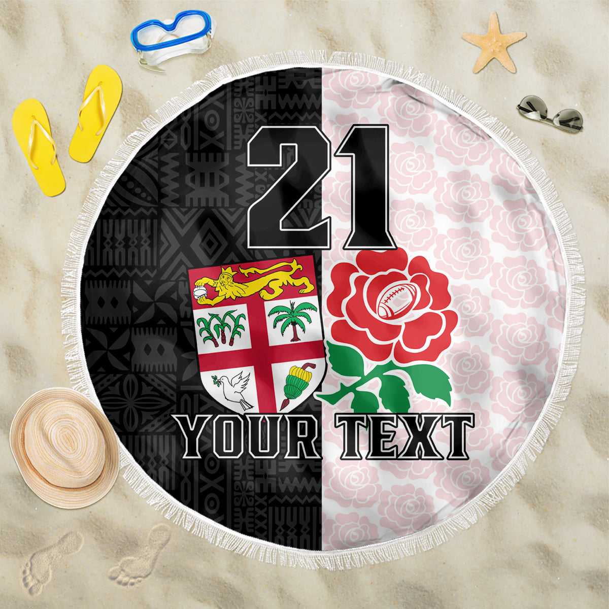 Custom Fiji England Rugby Beach Blanket Tapa Pattern and Rose Flower World Cup 2023 LT9 - Wonder Print Shop