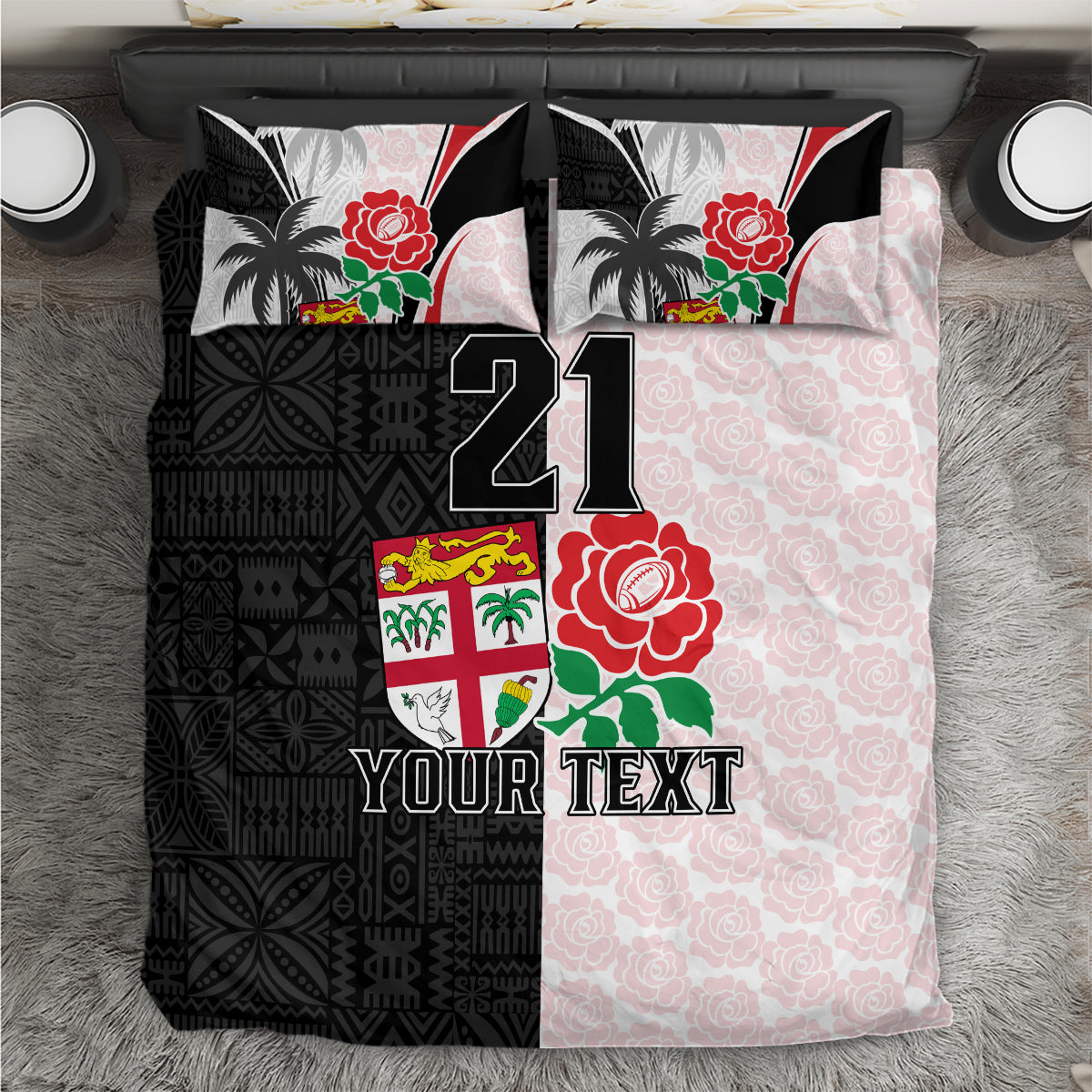 Rugby bedding set, black and pink rose pattern, 2 pillows, 21 and YOUR TEXT