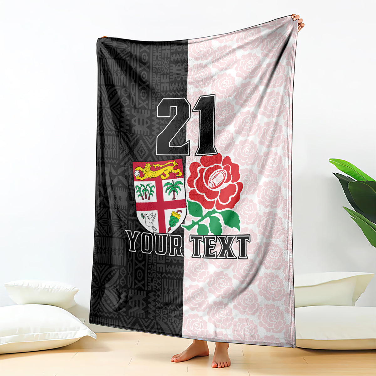 Custom rugby blanket with black and pink tapa pattern, rose motif, number 21
