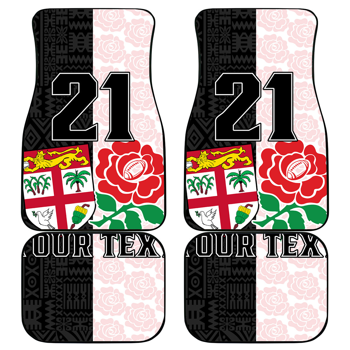 Custom Fiji England Rugby Car Mats Tapa Pattern and Rose Flower World Cup 2023 LT9 - Wonder Print Shop