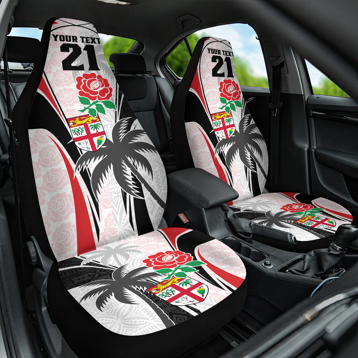 Custom Fiji England Rugby Car Seat Cover Tapa Pattern and Rose Flower World Cup 2023 LT9 - Wonder Print Shop