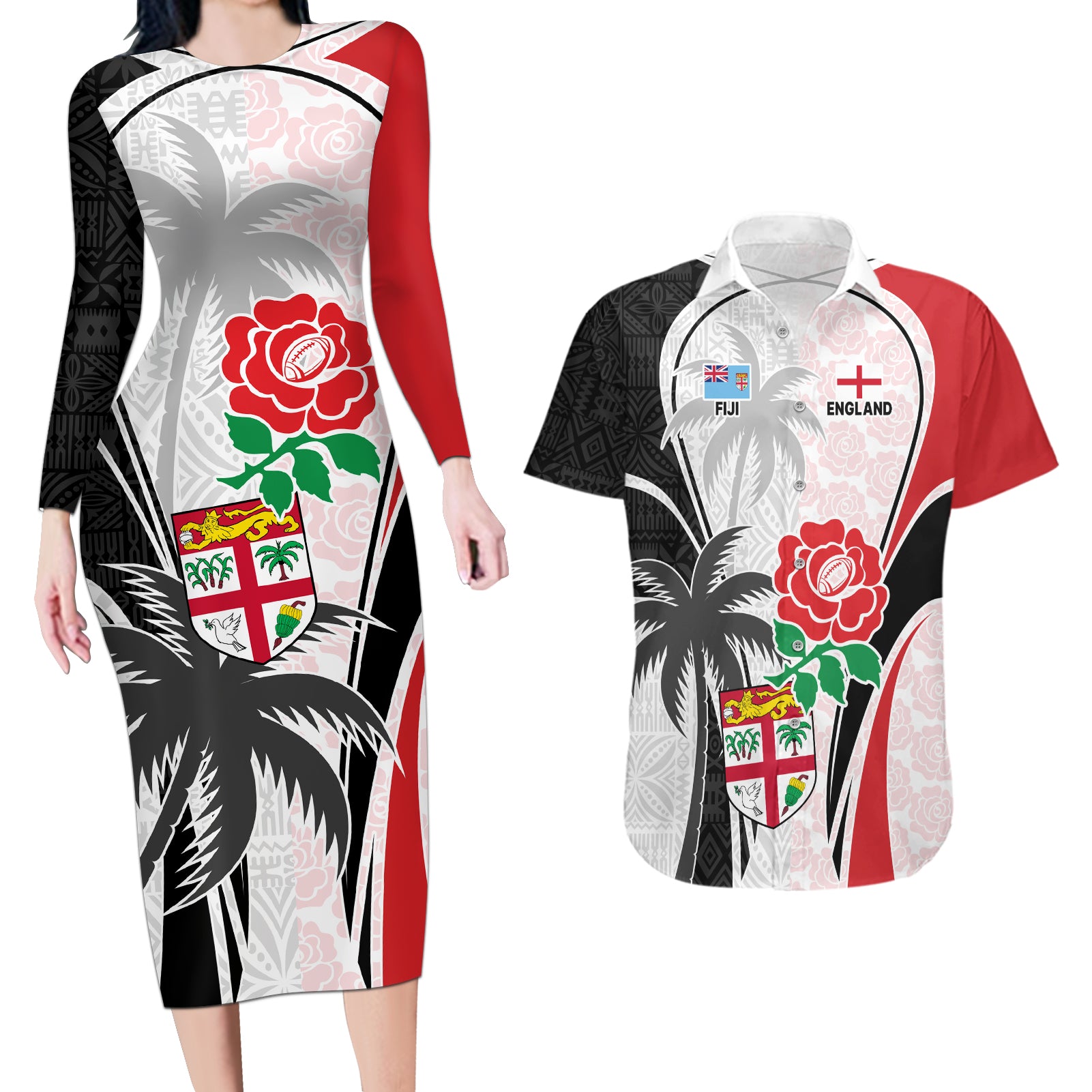 Custom Fiji England Rugby Couples Matching Long Sleeve Bodycon Dress and Hawaiian Shirt Tapa Pattern and Rose Flower World Cup 2023 LT9 - Wonder Print Shop