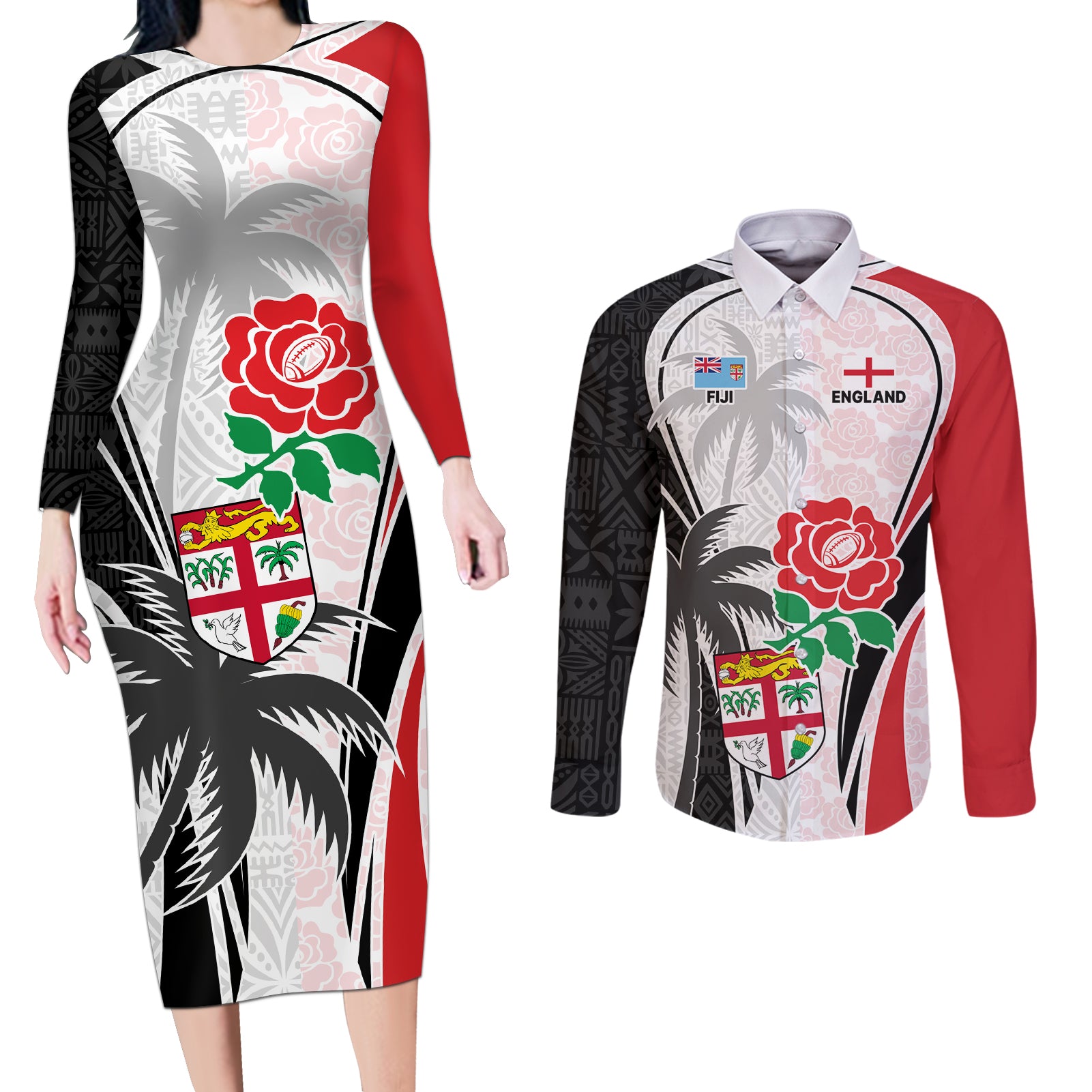 Custom Fiji England Rugby Couples Matching Long Sleeve Bodycon Dress and Long Sleeve Button Shirts Tapa Pattern and Rose Flower World Cup 2023 LT9 - Wonder Print Shop