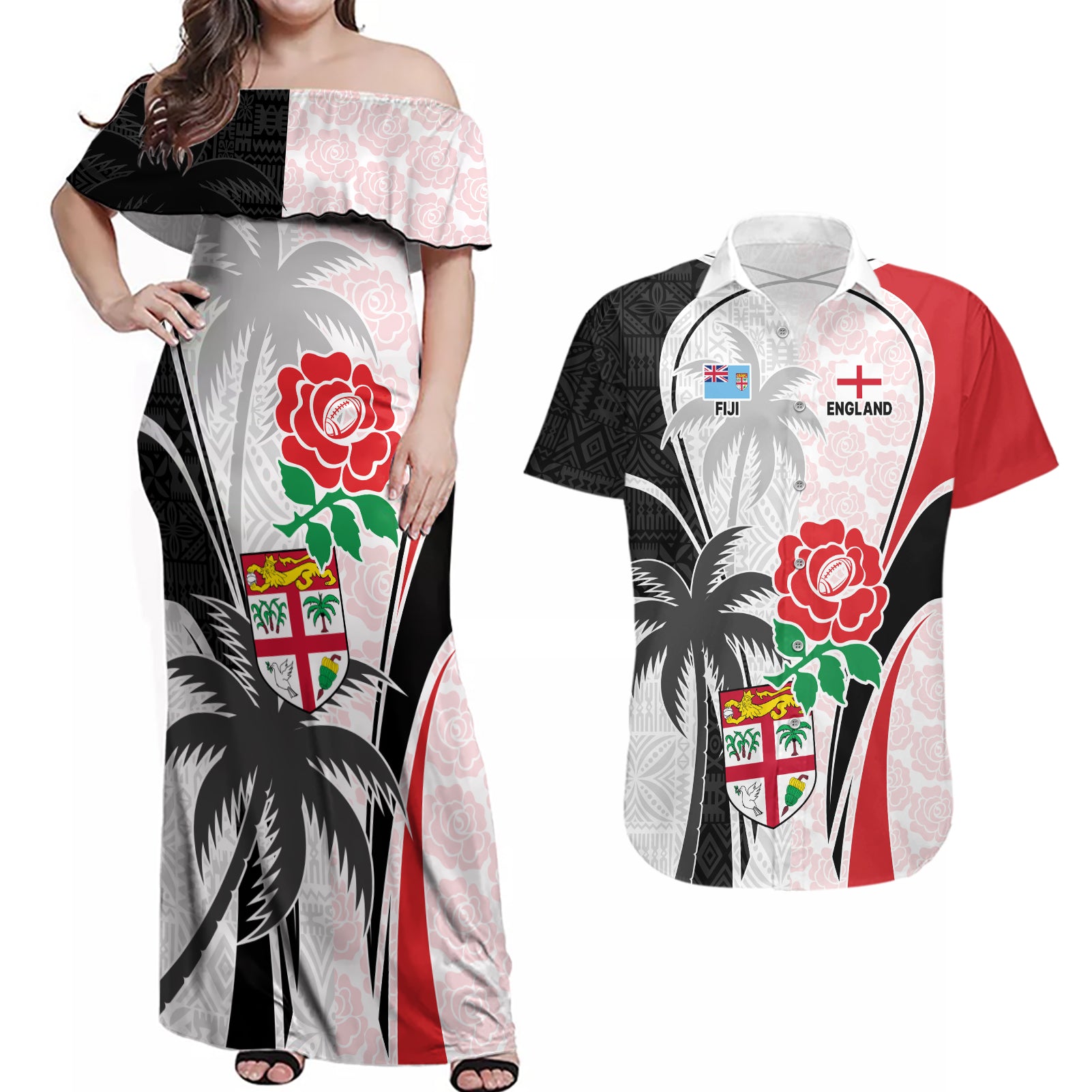 Custom Fiji England Rugby Couples Matching Off Shoulder Maxi Dress and Hawaiian Shirt Tapa Pattern and Rose Flower World Cup 2023 LT9 - Wonder Print Shop