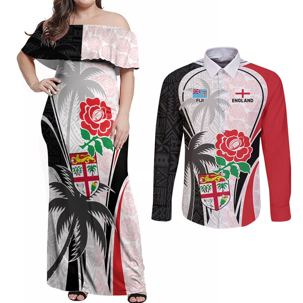 Custom Fiji England Rugby Couples Matching Off Shoulder Maxi Dress and Long Sleeve Button Shirts Tapa Pattern and Rose Flower World Cup 2023 LT9 - Wonder Print Shop