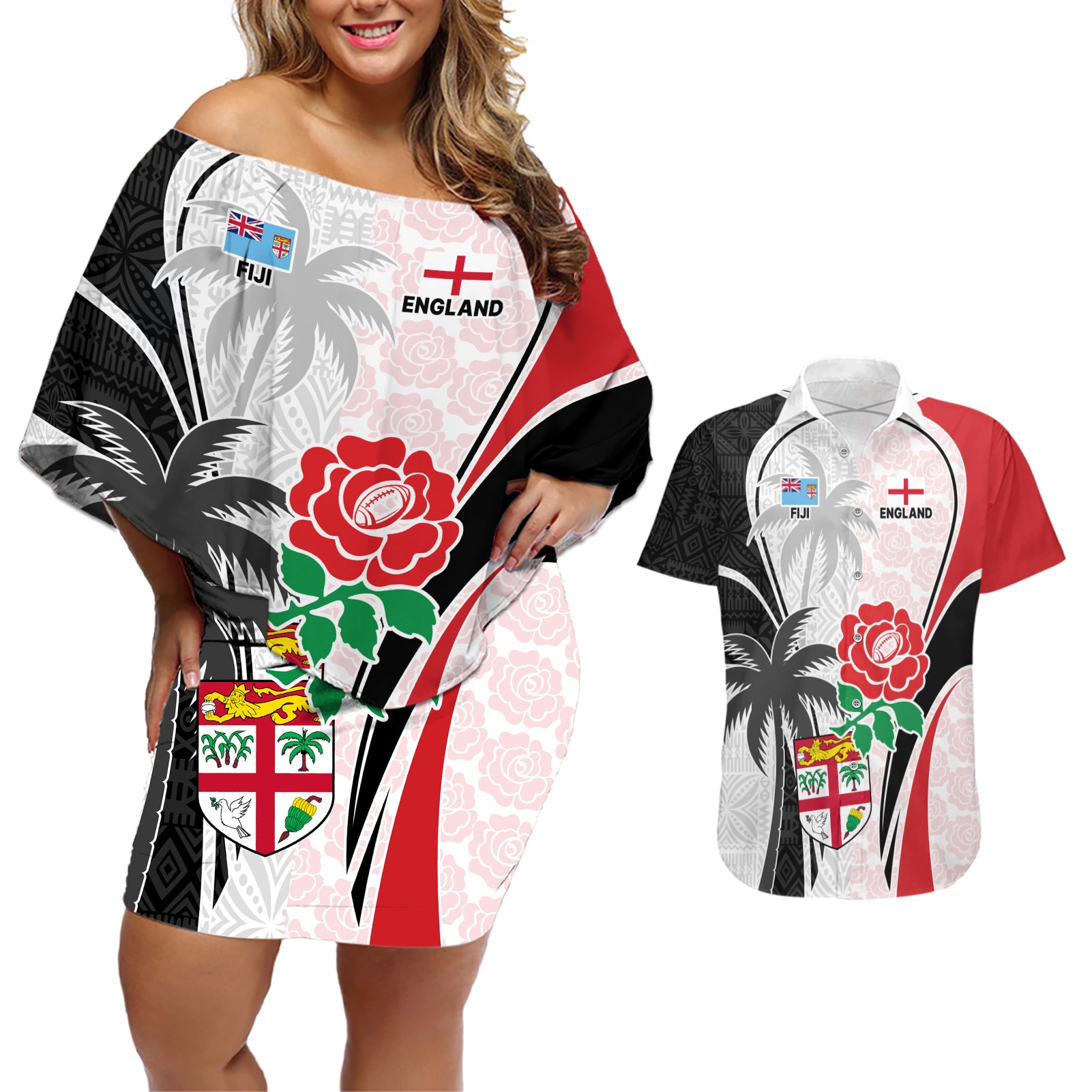 Custom Fiji England Rugby Couples Matching Off Shoulder Short Dress and Hawaiian Shirt Tapa Pattern and Rose Flower World Cup 2023 LT9 - Wonder Print Shop