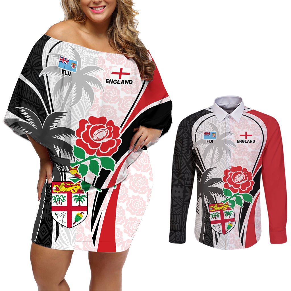 Custom Fiji England Rugby Couples Matching Off Shoulder Short Dress and Long Sleeve Button Shirts Tapa Pattern and Rose Flower World Cup 2023 LT9 - Wonder Print Shop