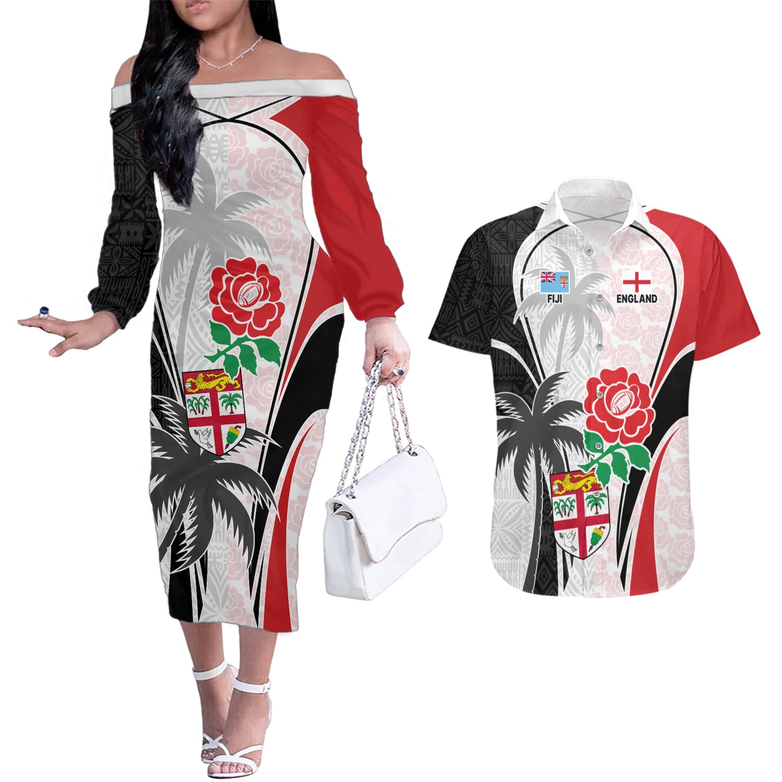 Custom Fiji England Rugby Couples Matching Off The Shoulder Long Sleeve Dress and Hawaiian Shirt Tapa Pattern and Rose Flower World Cup 2023 LT9 - Wonder Print Shop