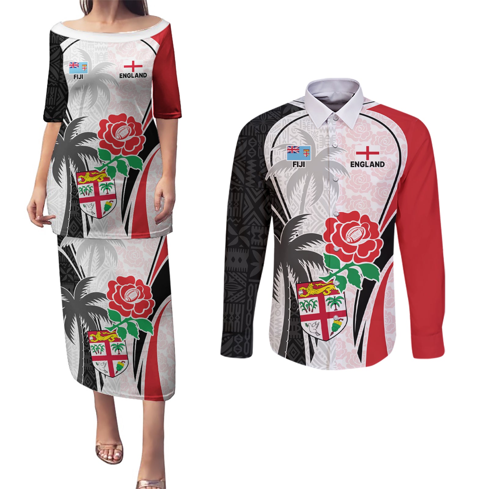 Custom Fiji England Rugby Couples Matching Puletasi Dress and Long Sleeve Button Shirts Tapa Pattern and Rose Flower World Cup 2023 LT9 - Wonder Print Shop