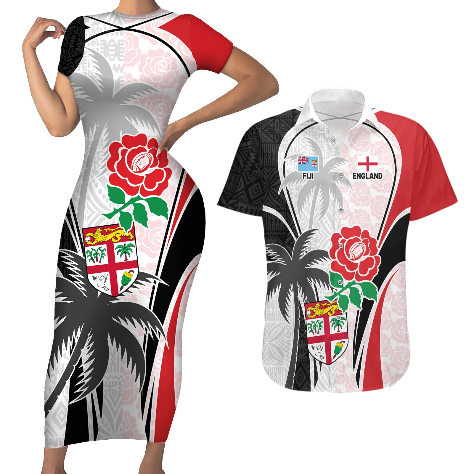 Custom Fiji England Rugby Couples Matching Short Sleeve Bodycon Dress and Hawaiian Shirt Tapa Pattern and Rose Flower World Cup 2023 LT9 - Wonder Print Shop