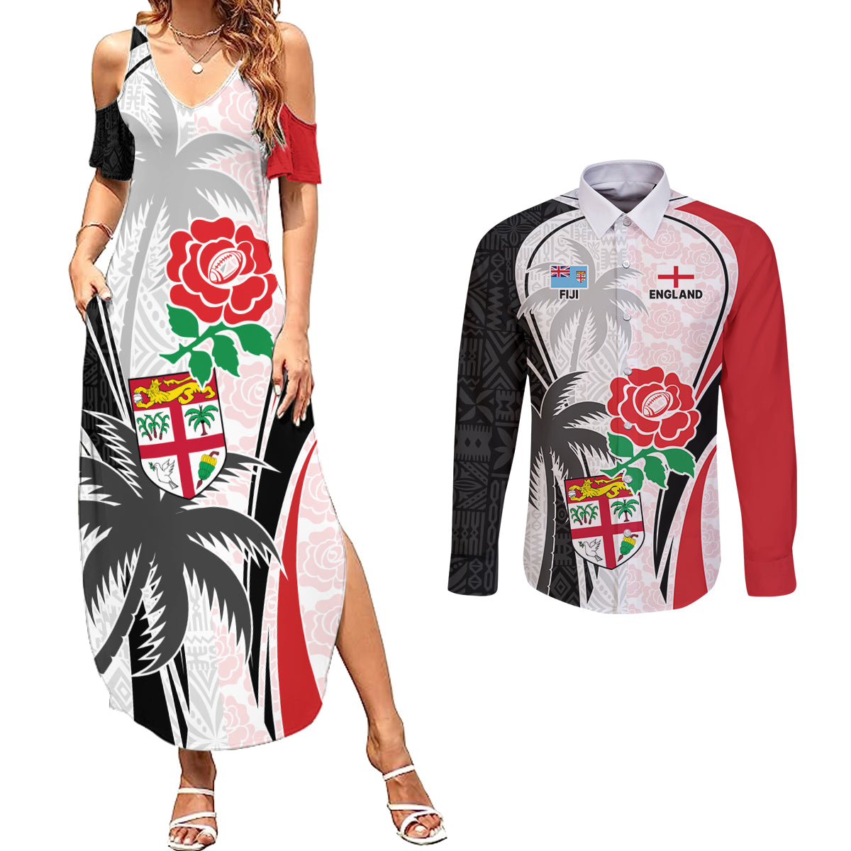 Custom Fiji England Rugby Couples Matching Summer Maxi Dress and Long Sleeve Button Shirts Tapa Pattern and Rose Flower World Cup 2023 LT9 - Wonder Print Shop