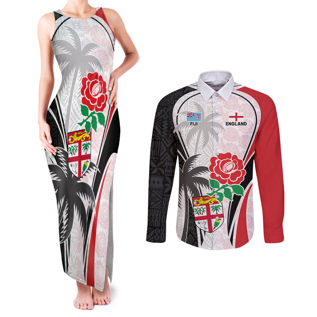 Custom Fiji England Rugby Couples Matching Tank Maxi Dress and Long Sleeve Button Shirts Tapa Pattern and Rose Flower World Cup 2023 LT9 - Wonder Print Shop