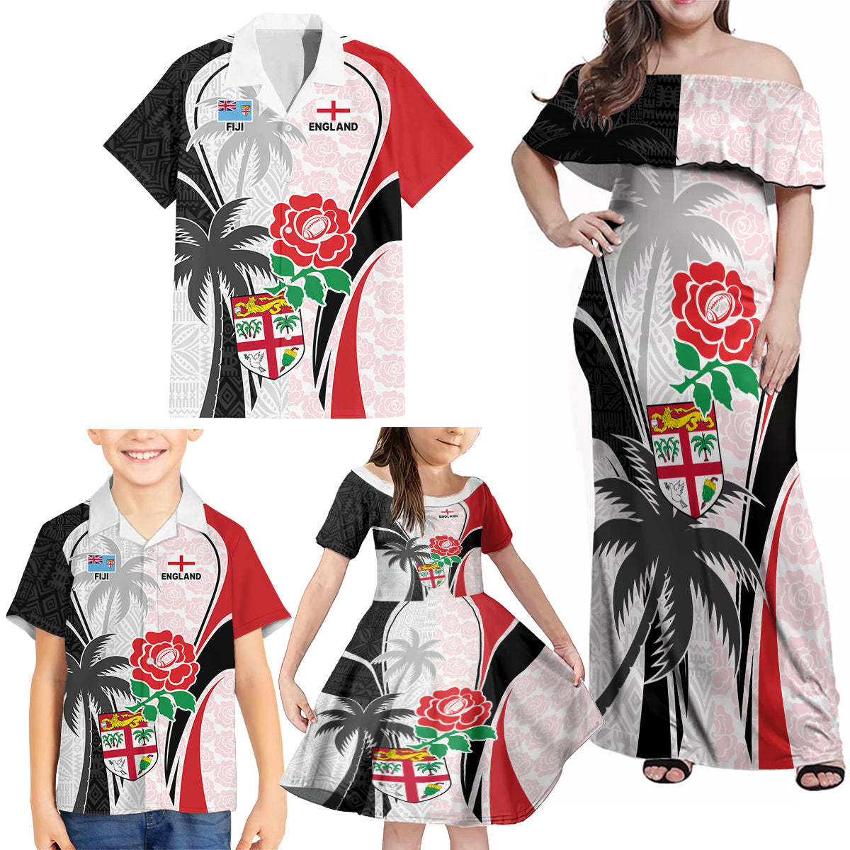 Custom Fiji England Rugby Family Matching Off Shoulder Maxi Dress and Hawaiian Shirt Tapa Pattern and Rose Flower World Cup 2023 LT9 - Wonder Print Shop