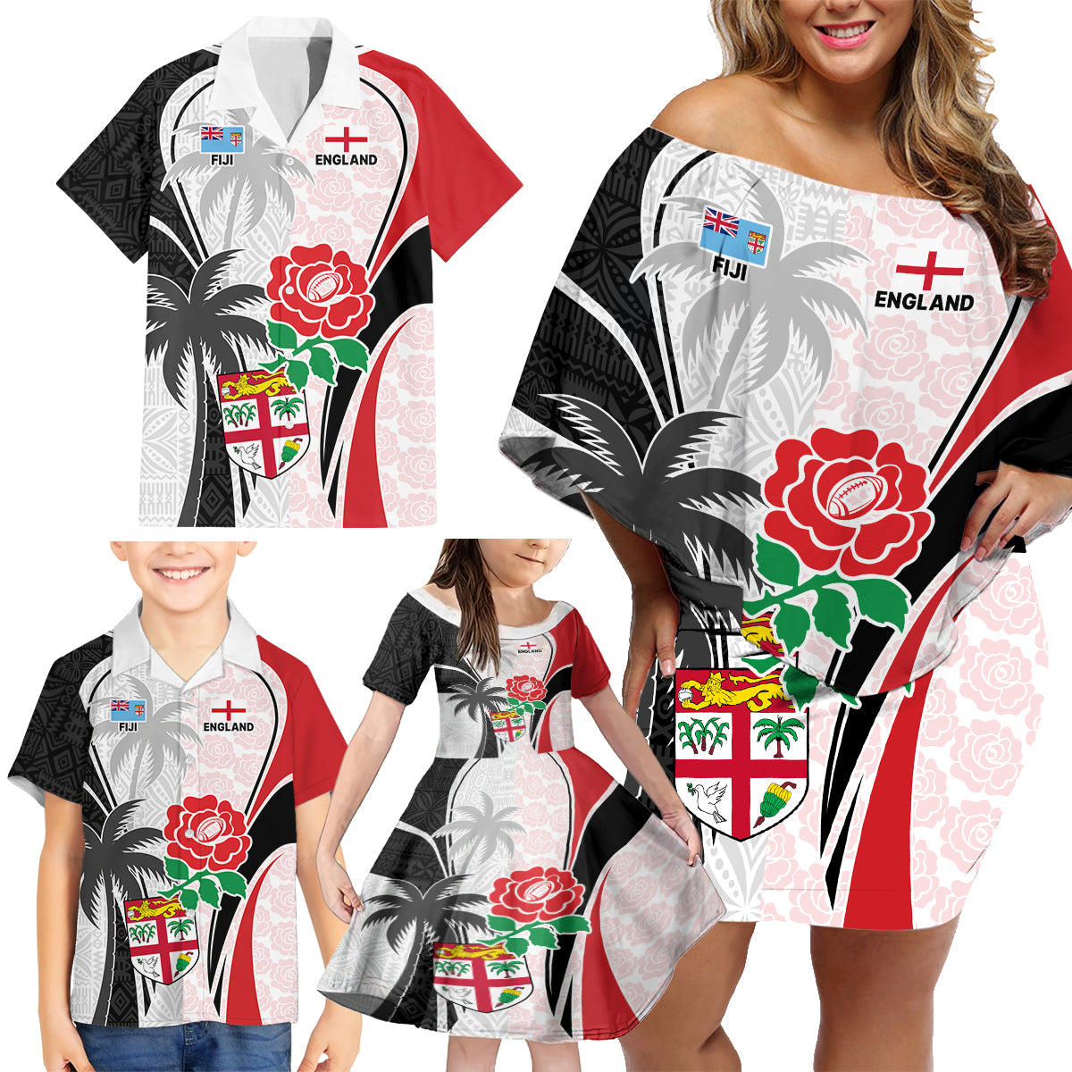 Custom Fiji England Rugby Family Matching Off Shoulder Short Dress and Hawaiian Shirt Tapa Pattern and Rose Flower World Cup 2023 LT9 - Wonder Print Shop