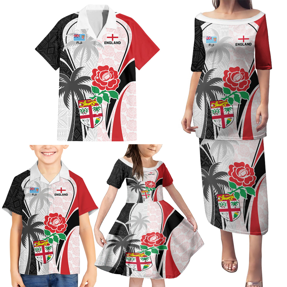 Custom Fiji England Rugby Family Matching Puletasi Dress and Hawaiian Shirt Tapa Pattern and Rose Flower World Cup 2023 - Wonder Print Shop