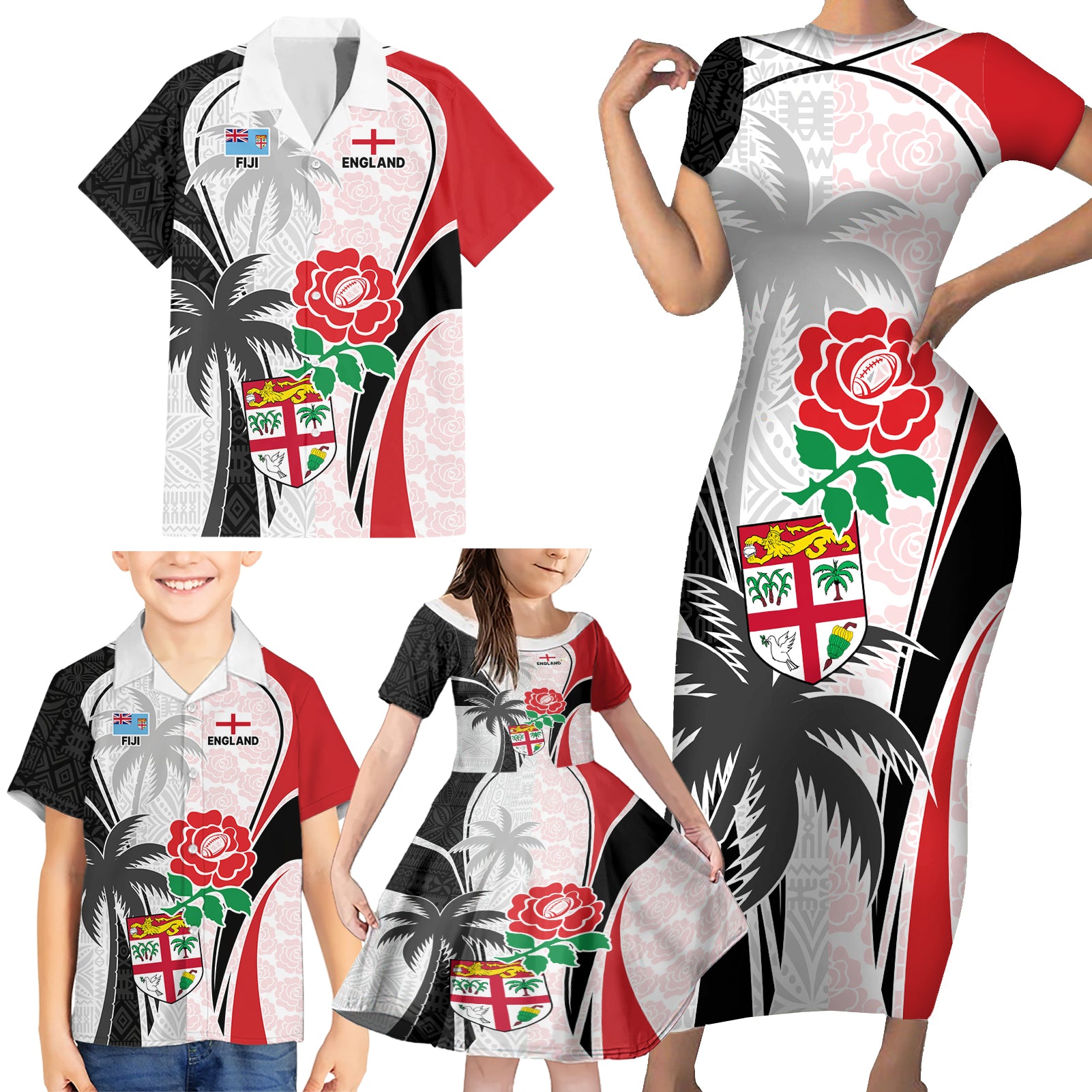 Custom Fiji England Rugby Family Matching Short Sleeve Bodycon Dress and Hawaiian Shirt Tapa Pattern and Rose Flower World Cup 2023 - Wonder Print Shop