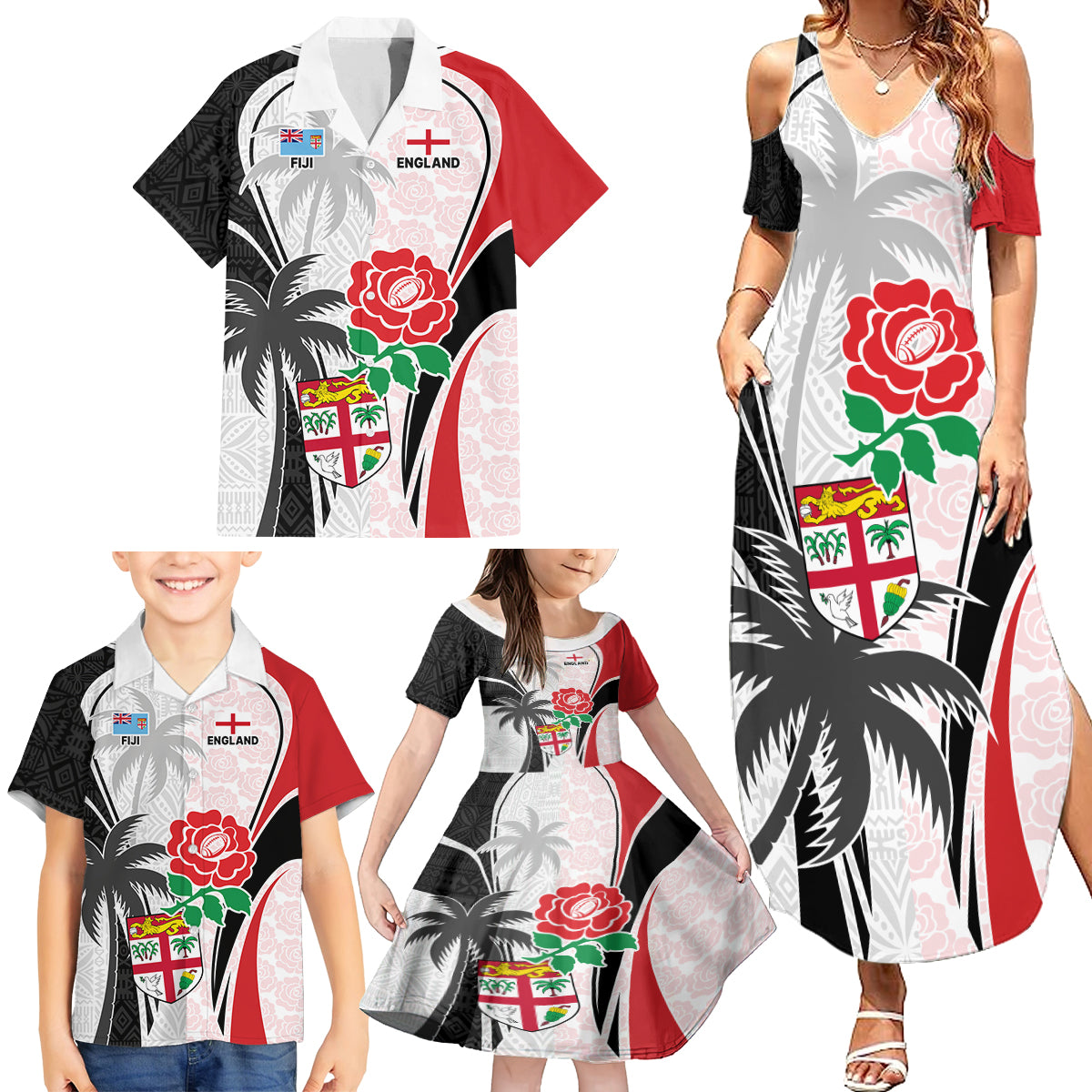 Custom Fiji England Rugby Family Matching Summer Maxi Dress and Hawaiian Shirt Tapa Pattern and Rose Flower World Cup 2023 - Wonder Print Shop