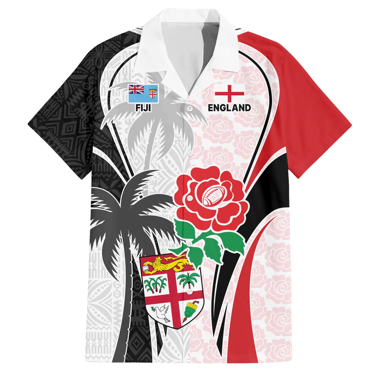 Custom Fiji England Rugby Hawaiian Shirt Tapa Pattern and Rose Flower World Cup 2023 - Wonder Print Shop