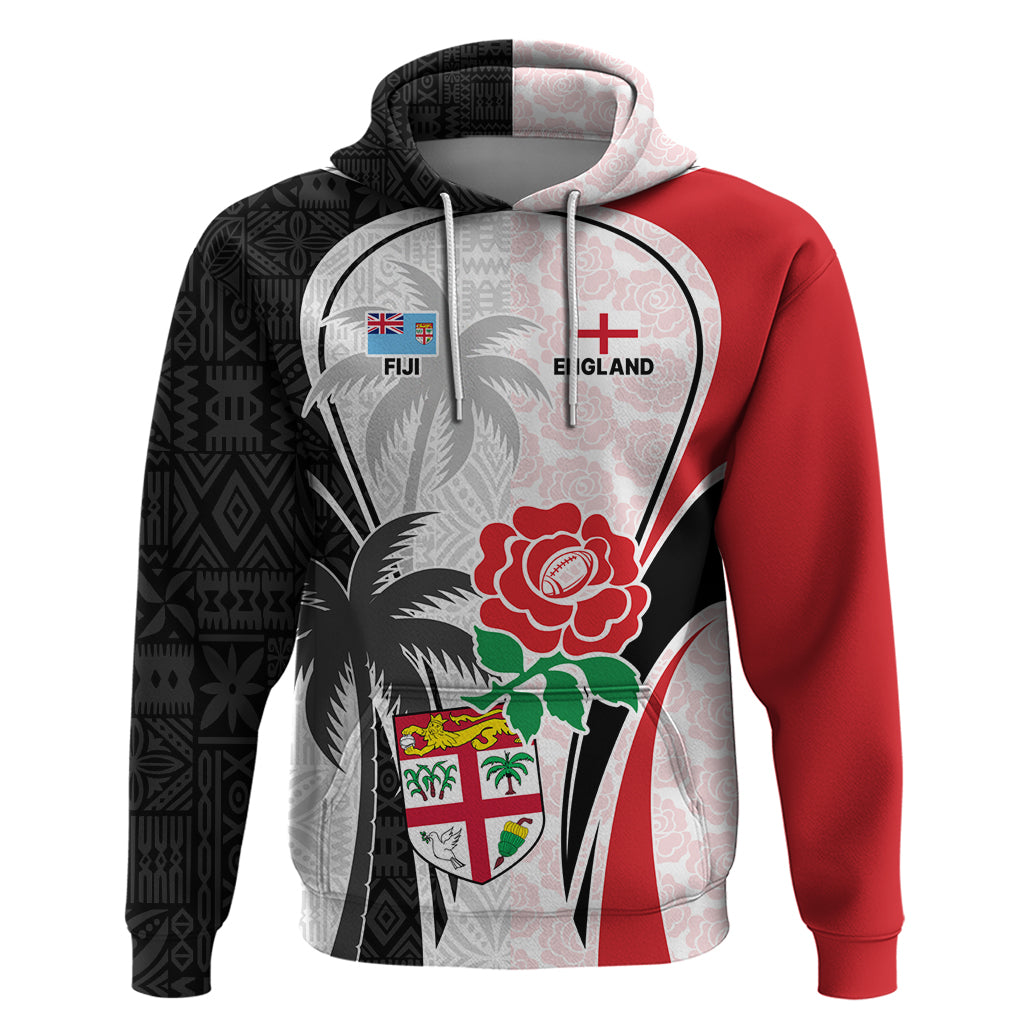 Custom Fiji England Rugby Hoodie Tapa Pattern and Rose Flower World Cup 2023 - Wonder Print Shop