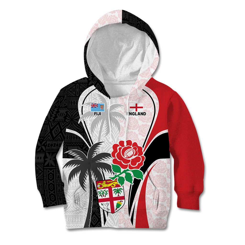 Custom Fiji England Rugby Kid Hoodie Tapa Pattern and Rose Flower World Cup 2023 - Wonder Print Shop