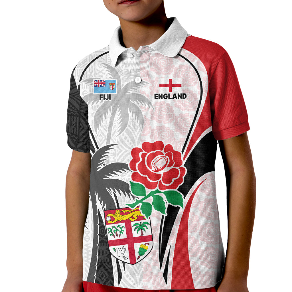 Custom Fiji England Rugby Kid Polo Shirt Tapa Pattern and Rose Flower World Cup 2023 - Wonder Print Shop