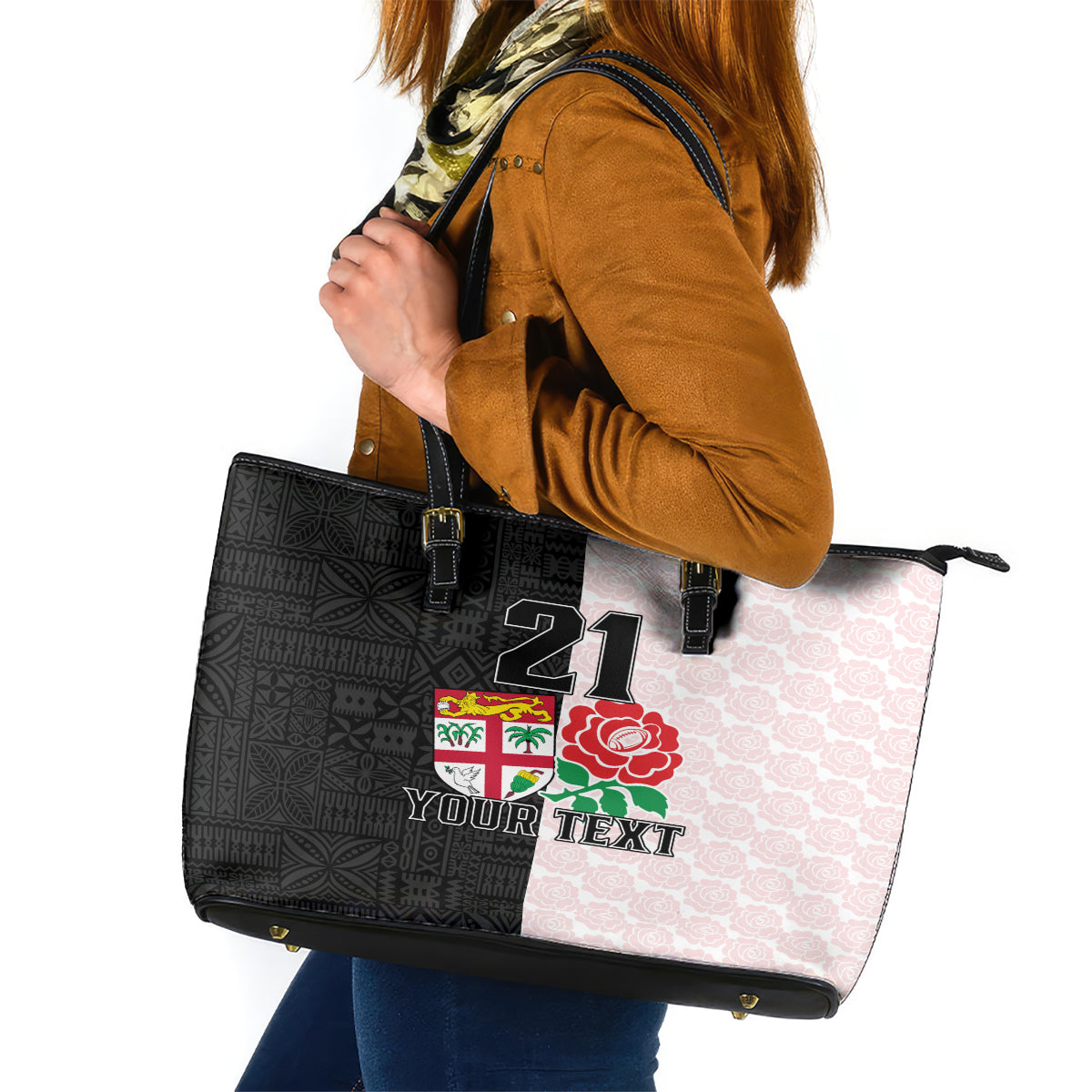 Custom Fiji England Rugby Leather Tote Bag Tapa Pattern and Rose Flower World Cup 2023 - Wonder Print Shop